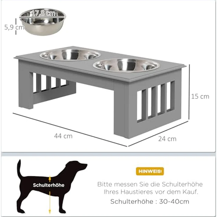 PawHut Futternapf Hundenapf mit 2 Näpfe, Pflegeleicht, Edelstahl, MDF, für Wohnzimmer, Balkon, Grau – Bild 5