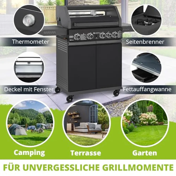 Juskys BBQ Gasgrill Savannah - 4 Brenner und 1 Seitenbrenner - XXL Stahl Gas Grill mit Gusseisen Grillrost, Kochfeld, Unterschrank für Gasflasche – Bild 4