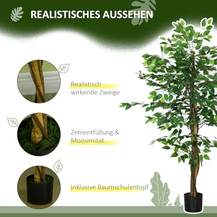 HOMCOM Künstliche Pflanze Ficus, 150 cm Kunstpflanze mit Übertopf und Kunstmoos, pflegeleicht für Innen- und Außenbereich, Grün – Bild 3