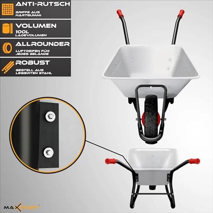 MAXCRAFT Schubkarre 150 kg 100 L Bauschubkarre Gartenschubkarre Transportkarre Schiebkarre mit Luftbereifung - Schwarz – Bild 7