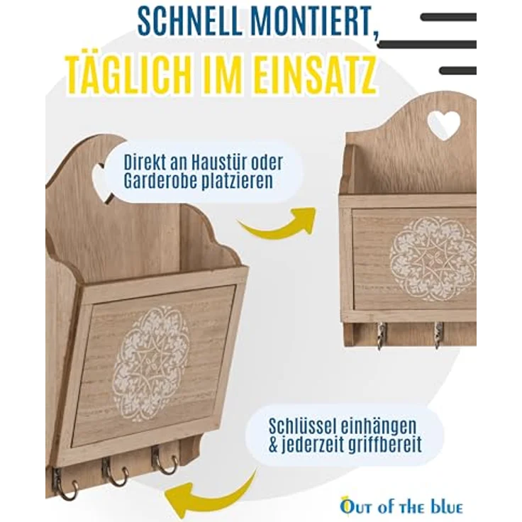 Schlüsselbrett mit Ablage Naturfarben Holz 3 Haken Keys Schlüsselbrett Stylish – Bild 6