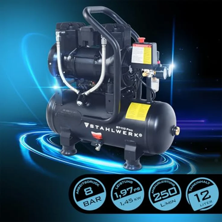STAHLWERK Kompressor 10 l, ölfrei, leise, 8 bar, 1,97 PS, 250 l/min Druckluftkompressor mit Brushless-Motor – Bild 3