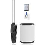 3in1 Toilettenbürste aus Silikon mit WC Bürsten Halter und Wandhalterung, Langer Stiel aus Edelstahl & Hygienisch mit Lamellen und Schaber – Toilettenbürstengarnitur für Badezimmer & Gäste-WC (Weiß)