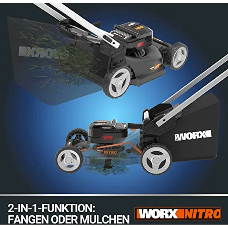 WORX WG748E NITRO Akku-Rasenmäher 40V(2x20V) - leistungsstarke bürstenloser Motor -46cm Schnittbreite - automatische Motorleistungsanpassung - 7 Schnitthöhenstufe - inkl. 2x4Ah Akkus & Dual-Ladengerät - Preisvergleich – Bild 5