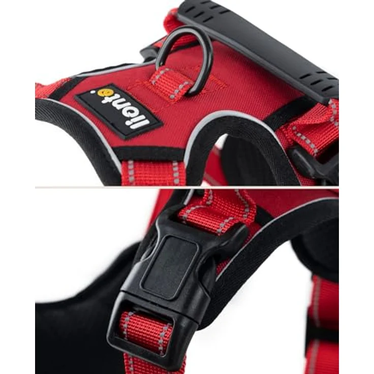 lionto Hundegeschirr M, gepolstert aus weichem Nylon, reflektierendes Anti-Zug Geschirr mit 2 Ringen, 4 Einstellgurten, 2 Klickverschlüssen und gummiertem Griff, rot – Bild 4