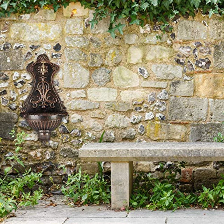 relaxdays Gartenbrunnen Wandbrunnen Antik, nostalgisches Metallbecken mit Wasserhahn, bronze/gold, H 66 cm, DIY Montage – Bild 2