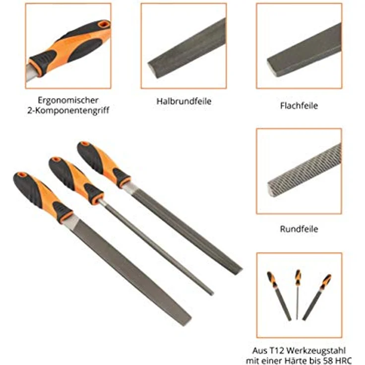 KENDO Feilenset 3-teilig, Flach, Rund und Halbrund aus T12 Werkzeugstahl, Härte bis 58 HRC, Klingenlänge 200 mm – Bild 2