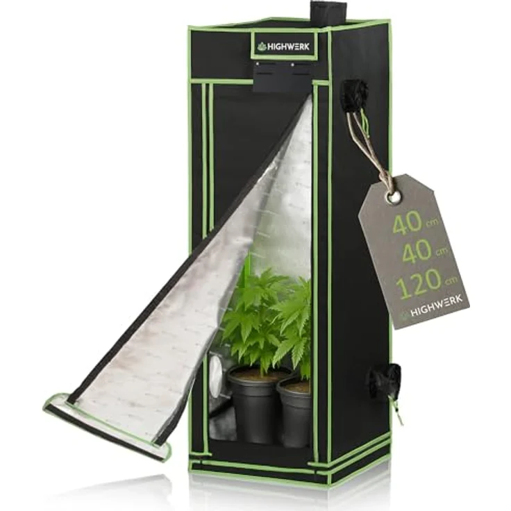 HIGHWERK Growzelt 40 x 40 x 120 cm, Indoor Grow Tent, lichtundurchlässig, schwarz/grün, mit hochreflektierender Innenbeschichtung – Bild 1