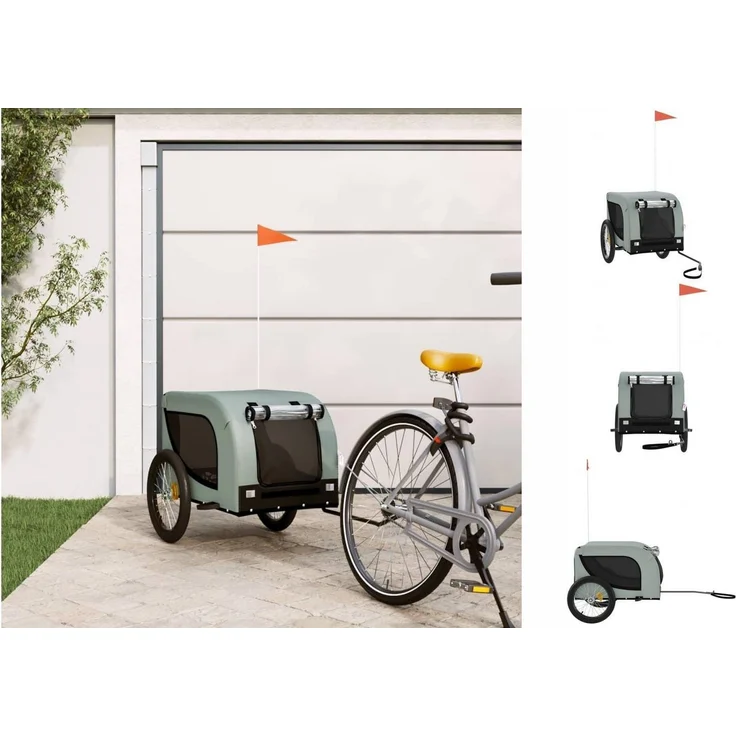 vidaXL Hunde-Transportbox Fahrradanhänger Grau und Schwarz Oxford-Gewebe und Eisen, PVC-Fenster, Reflektoren, bis 45 kg Tragfähigkeit – Bild 1