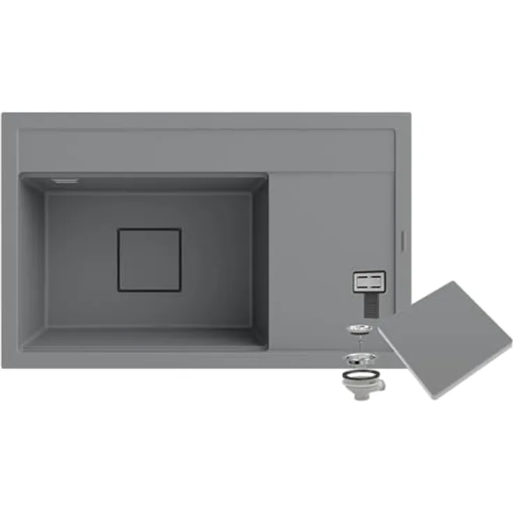 Granitan Spülbecken RENDO 81x50,5x22 cm - Hitzebeständiges Waschbecken für Küche mit modernem Ablassstopfen - Grau
