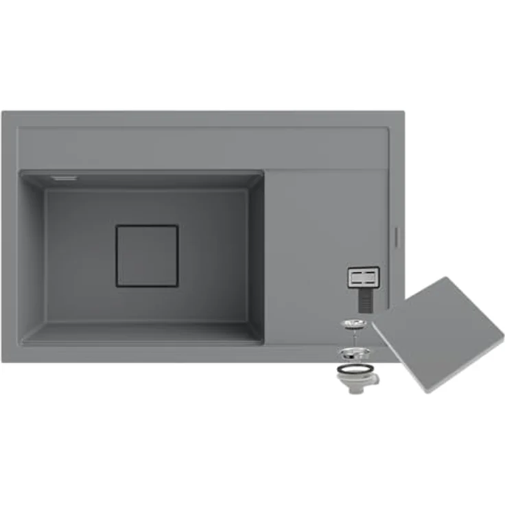 Granitan Spülbecken RENDO 81x50,5x22 cm - Hitzebeständiges Waschbecken für Küche mit modernem Ablassstopfen - Grau – Bild 1