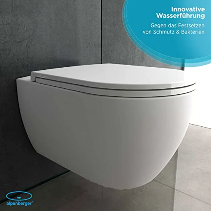 Alpenberger Wand WC Spülrandlos | Nano Beschichtung Keramik Toilette & Toilettendeckel mit Absenkautomatik | Hänge WC Set Kloschüssel | Toilettenschüssel Passend Geberit (Elegant IN) – Bild 2