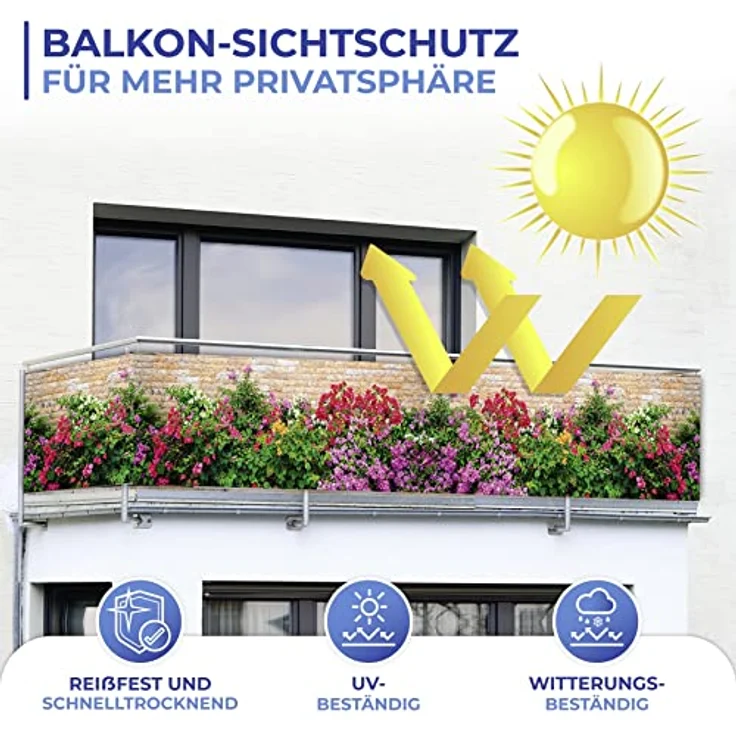Maximex Balkon-Sichtschutz, praktischer Sichtschutz mit farbenfrohem Mauerblumen-Motiv, windschützende Sichtschutzplane mit hoher UV- und Witterungsbeständigkeit, schnelltrocknend und reißfest, 5 m – Bild 3