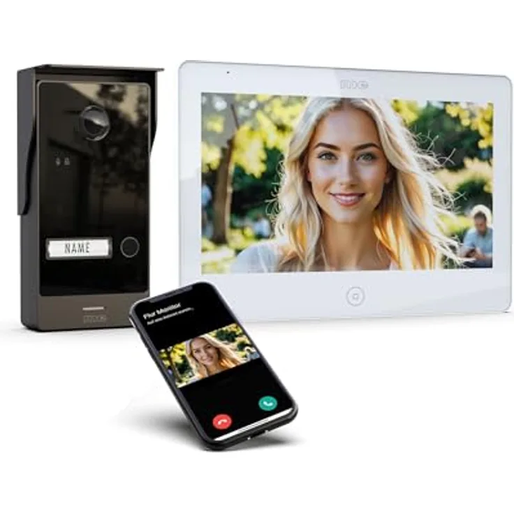 m-e ALLVISO Video Türsprechanlage, 2 Draht IP BUS, Aufputz mit 160° Weitwinkelkamera, 10" Monitor, Türöffner und Smartphone App für Einfamilienhäuser