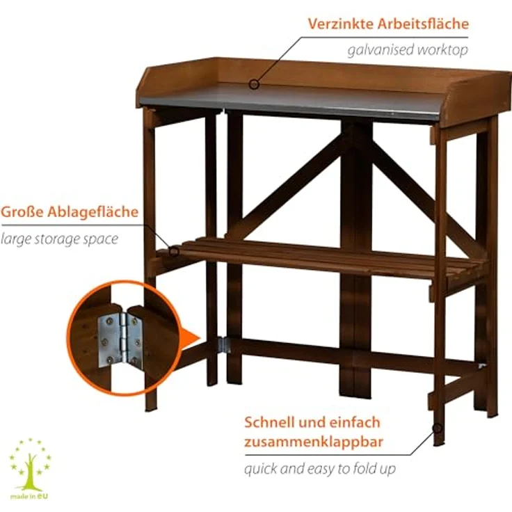 dobar® Klappbarer Pflanztisch aus Massivholz, Faltbarer Umtopftisch mit verzinkter Arbeitsplatte, 85 x 44 x 89 cm, dunkelbraun, wetterfest lasiert – Bild 3