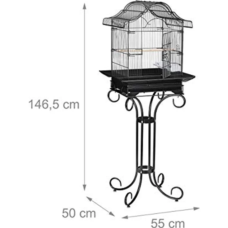 Relaxdays Vogelkäfig mit Ständer, Kanarien, Finken, Sitzstange, Futternapf, Exotenkäfig, HBT 146,5 x 55 x 50 cm, schwarz – Bild 4