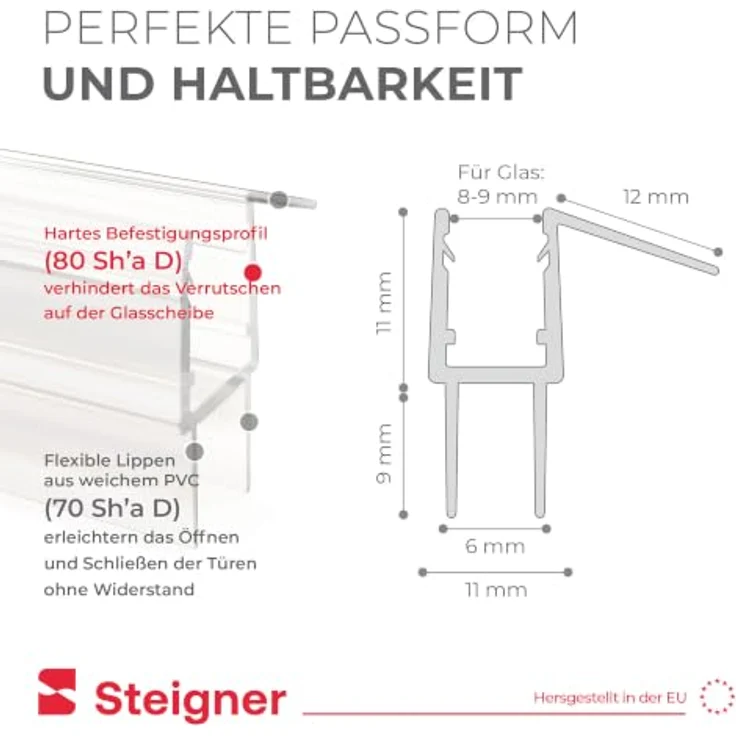 STEIGNER Duschtürdichtung UK20 170 cm - Transparente Dichtung für Eckeinstieg und Fünfeckdusche, 100% wasserdicht, für Glasdicke 8-9 mm, einfache Montage, schimmel- und kalkresistent – Bild 4