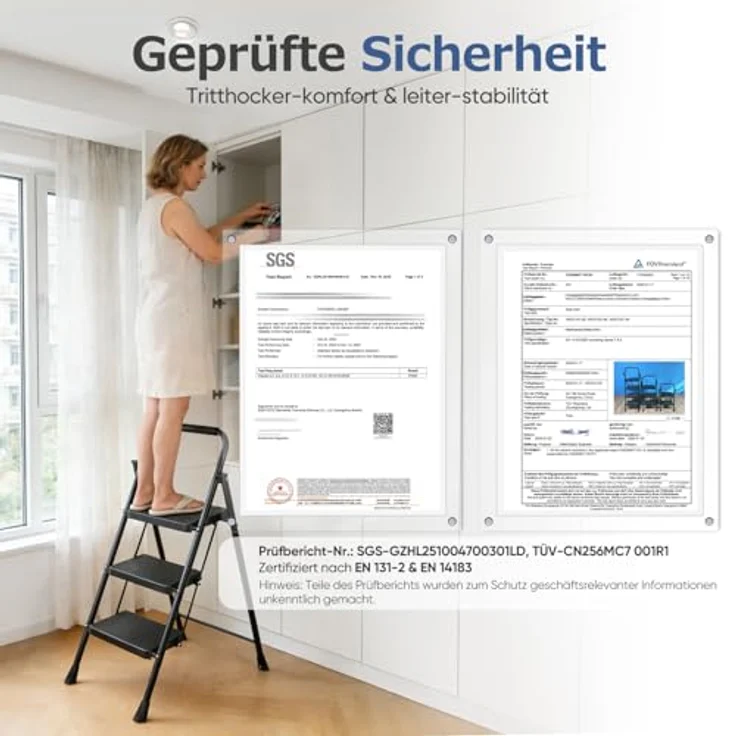 Sekey Trittleiter Klapptritt Faltbar 3 Stufen mit 36 cm XXL-Trittstufen, Anti-Rutsch, bis 150 kg, Haltebügel und rutschsicheren Fußkappen – Bild 2