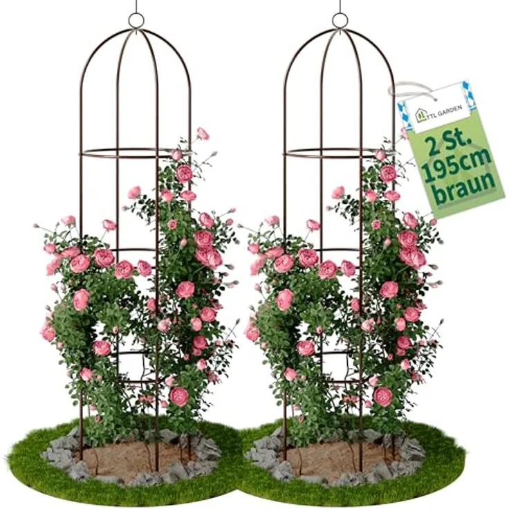 TTL Garden Obelisk Rankhilfe XL 195x40cm braun, 2er Set aus rostfreiem Stahl für Kletterpflanzen wie Rosen und Clematis, variable Höhenverstellung bis 195 cm, pulverbeschichtet, stabil und dekorativ