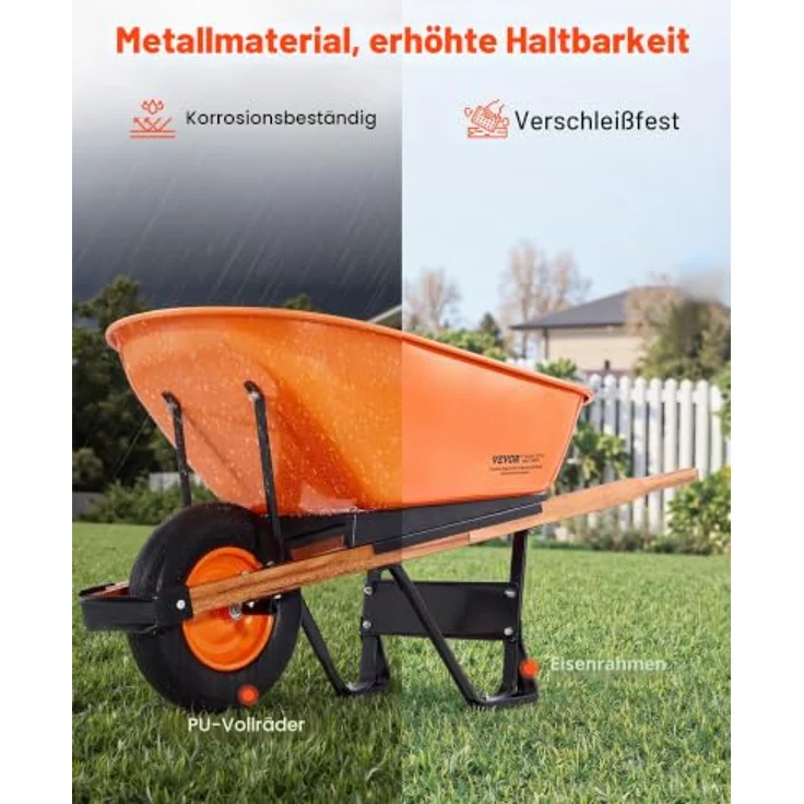 VEVOR Schubkarre, einrädrige Bauschubkarre mit 150 kg Fassungsvermögen, Metallgriff und 16 Zoll Vollschaumrädern, ideal für Garten und Farm – Bild 3