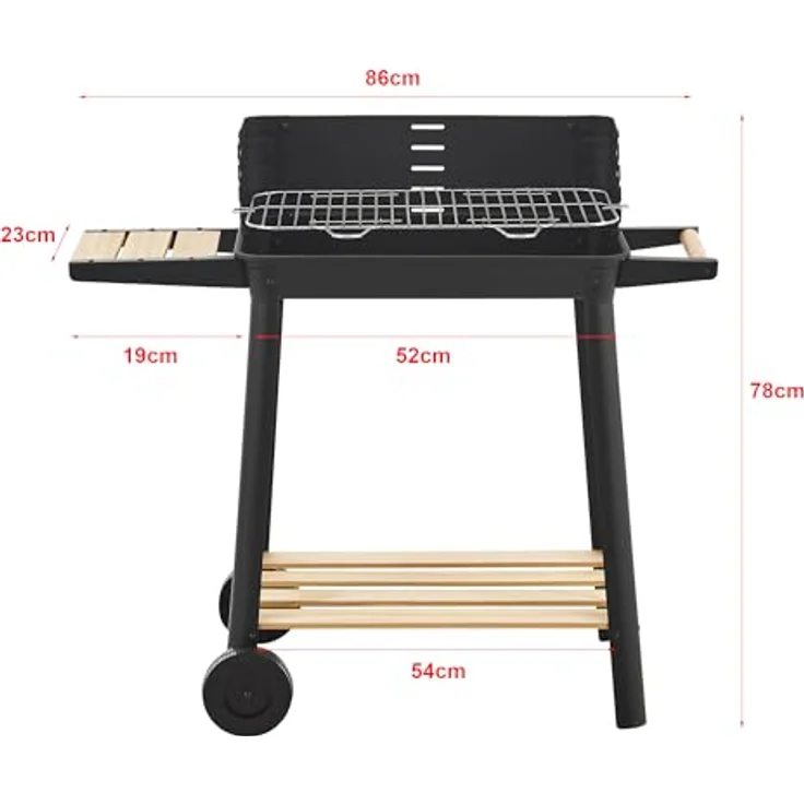 casa.pro Grillwagen Ari Holzkohlegrill BBQ Grillrost aus emailliertem Edelstahl Gartengrill 2 Räder Windschutz mit Grillrosthöhenverstellung 78x86x30cm Schwarz/Holz – Bild 5