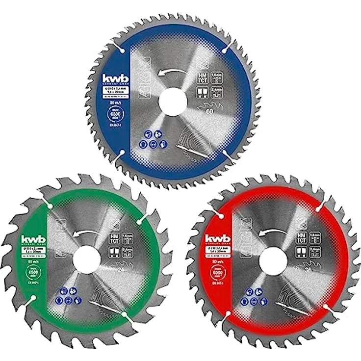 kwb Kreis-Sägeblatt-Set 210 x 30-20 - 16 mm für Handkreis-Sägen bzw. Tischkreissägen, f. Platten-Werkstoffe u. Baustoffe aus Holz inkl. Reduzier-Ringe auf 16 u. 20 mm – Bild 2