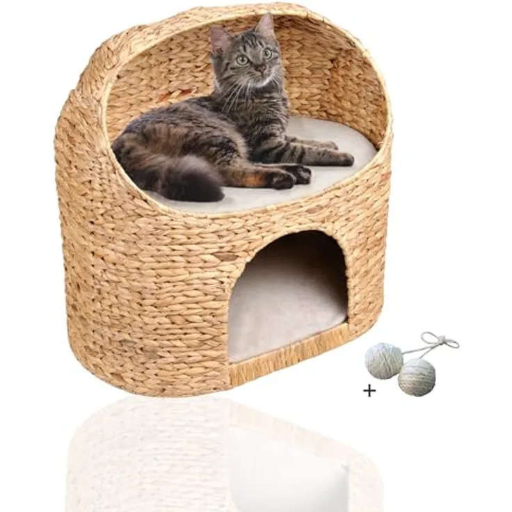 Rohrschneider Premium Katzenhöhle aus Wasserhyazinthe, waschbare Kissen, modernes Katzenhaus und Schlafkorb für Katzen