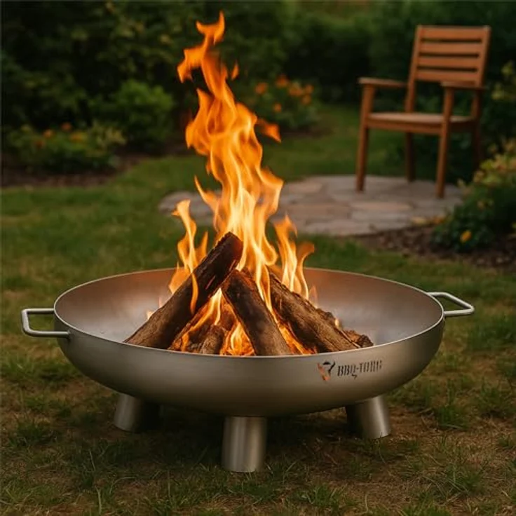 BBQ-Toro Edelstahl Feuerschale Ø 70 cm, Outdoor Feuerstelle mit drei Standbeinen und zwei Griffen, Silber, vielseitig einsetzbar als Feuerstelle oder Grill – Bild 2