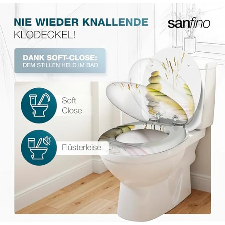 Sanfino WC Sitz Balance ll, Toilettendeckel aus Holz mit Absenkautomatik, Design in Weiß-Flieder mit Stein-Motiv, verchromte Metallscharniere – Bild 2