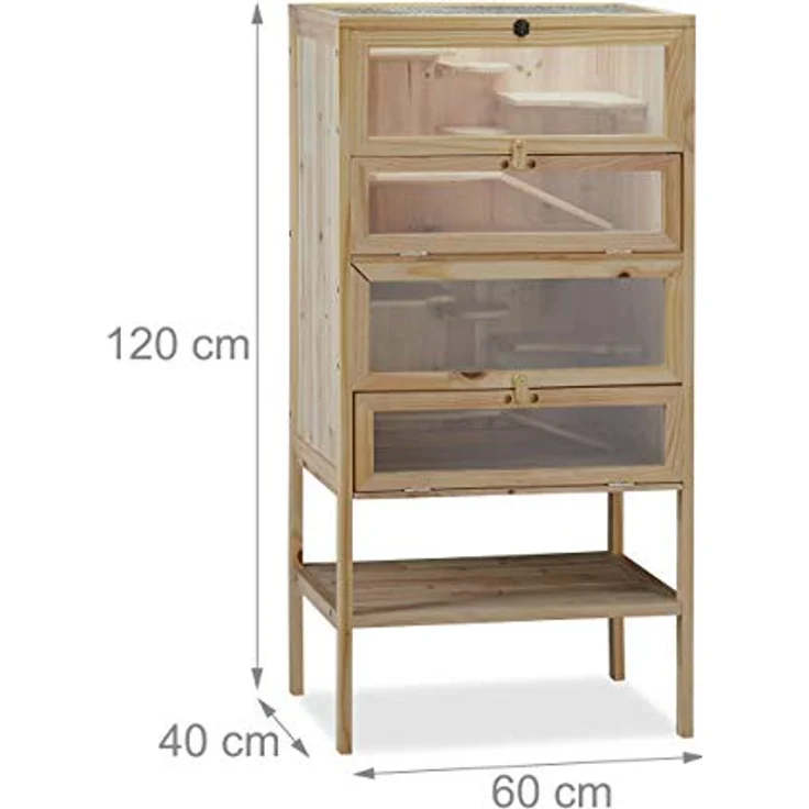 Relaxdays Hamsterkäfig aus Holz, 3 Etagen, Klappen, Sichtfenster, Gitterdach, Nagerkäfig XXL, HBT: 120x60x40 cm, natur – Bild 4