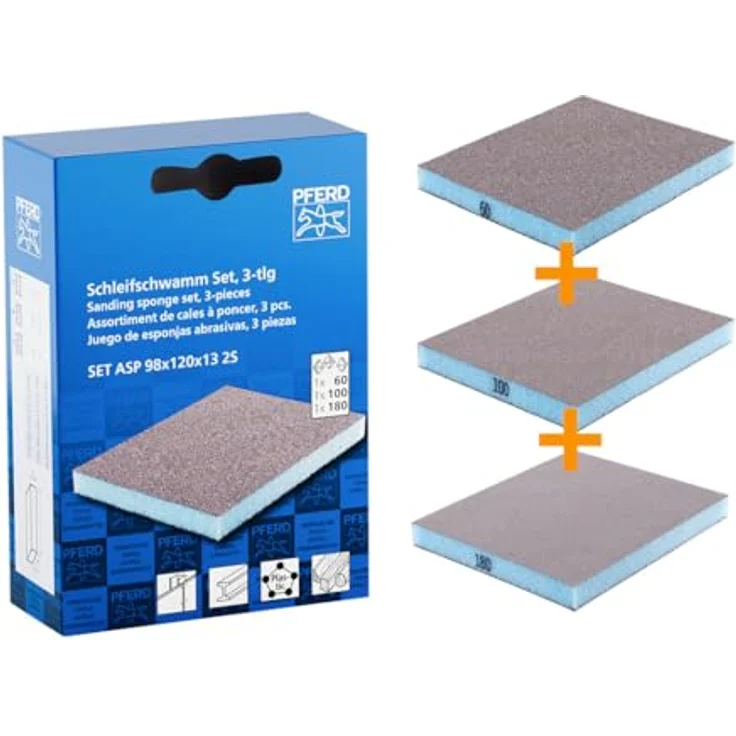 PFERD Schleifschwamm-Set, 3-teilig A60, A100, A180 | 89 x 120 x 13 mm, 2-seitig, universell einsetzbar, abwaschbar – Bild 1