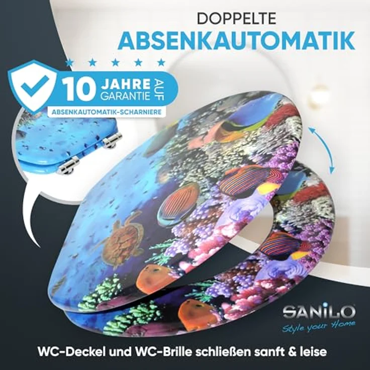 Sanilo WC Sitz Ocean, Hochwertiger Holz-Toilettendeckel mit Absenkautomatik, antibakterieller Oberfläche, passend für alle WC-Becken – Bild 2