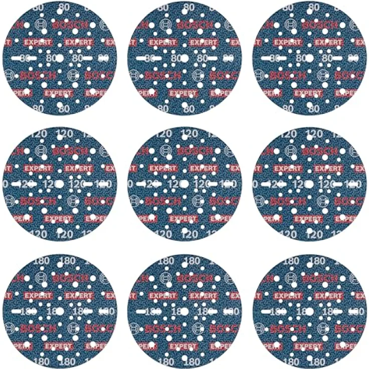 Bosch 9x EXPERT O780 Folienschleifscheiben-Set, 150 mm, 9‑tlg. für Hartholz, Farbe auf Holz, Ø 150 mm, Körnung 3x80, 3x120, 3x180, Professional Zubehör Exzenterschleifer