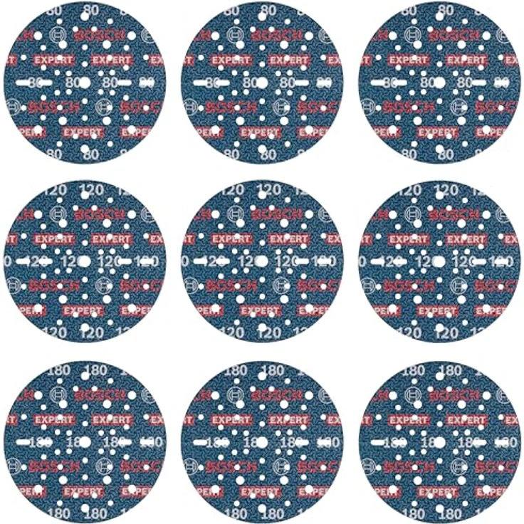 Bosch 9x EXPERT O780 Folienschleifscheiben-Set, 150 mm, 9‑tlg. für Hartholz, Farbe auf Holz, Ø 150 mm, Körnung 3x80, 3x120, 3x180, Professional Zubehör Exzenterschleifer – Bild 1