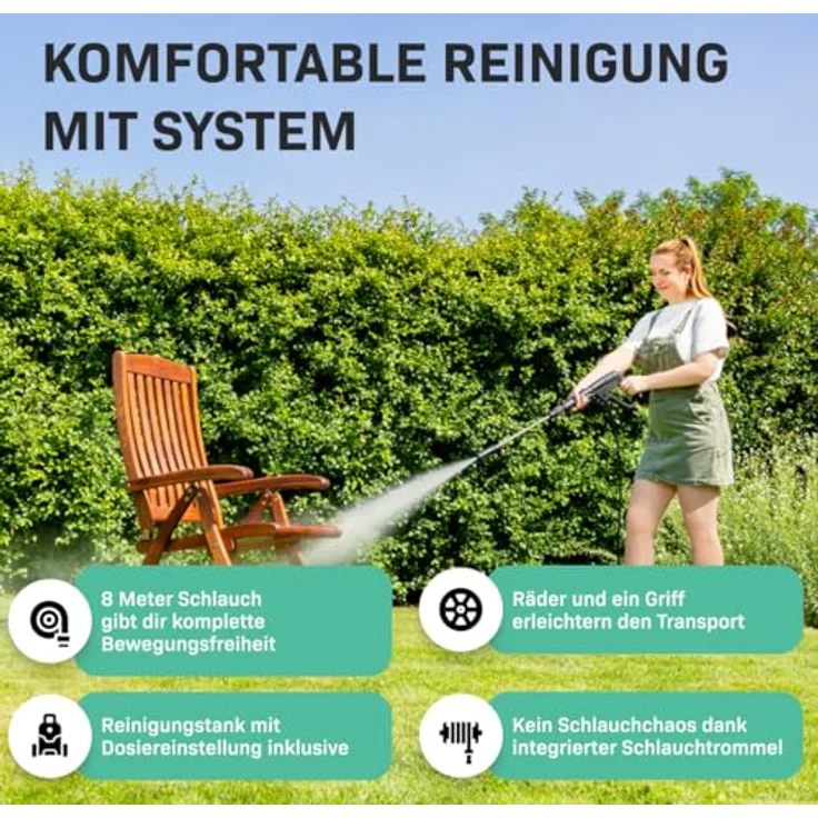 VONROC Profi Hochdruckreiniger PW509AC, 195 bar, 2500 W, mit 8 m Schlauch und integrierter Schlauchtrommel, Fassaden- und Dampfreiniger – Bild 3