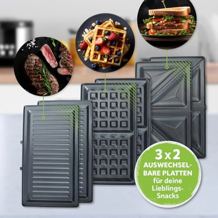 Westfalia Tischgrill Vario 3-in-1, Elektrogrill mit 800 W, Schwarz, 3 austauschbare Platten für Waffeln, Sandwiches und Grillgut – Bild 2