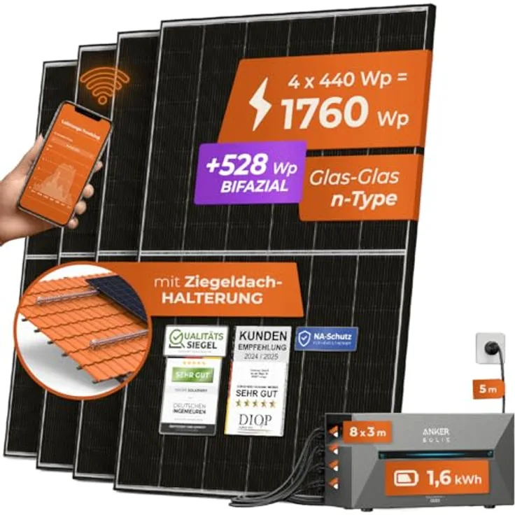 Solarway® All In One Balkonkraftwerk 1800W mit 1,6 kWh Anker Solix 2 PRO Speicher - 440W Solarmodule & Zubehör, komplett Steckdose