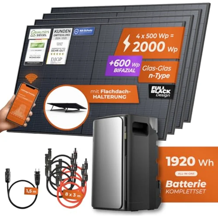 Solarway® Balkonkraftwerk 2000Wp / 800W mit 1,9kWh EcoFlow Stream Ultra Speicher - Komplettset mit 4 x 500W Solarmodulen, Schutzkontakt-Kabel und App-Steuerung – Bild 2