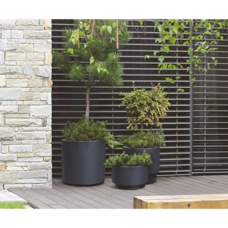 XL Kunststoff Blumentopf rund in anthrazit - 48 x 30 cm - Design Blumenkübel mit Pflanzeinsatz - Pflanzschale Blumenschale Garten Blumen Pflanz Übertopf wetterfest für Außen Balkon Terrasse – Bild 2