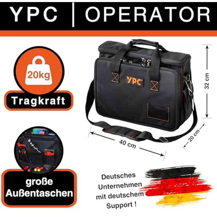 YPC Werkzeugtasche XL, Umhängetasche aus wasserabweisendem Oxford 600D Gewebe, 38x28x11cm mit 11 Haltern und 5 Innentaschen – Bild 2