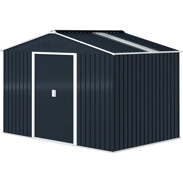 Aosom Verzinkter Stahl Gerätehaus 4,9m², Dunkelgrau mit Satteldach, abschließbarer Schiebetür und wetterfestem Fundament, 277x195x192cm