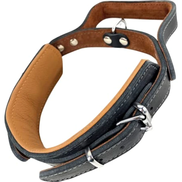 Hundehalsband mit Griff, Dickes qualitativ hochwertiges Leder 40cm bis 55cm x 60mm - Erziehungshalsband - Taktisches Halsband - bis zu 15cm verstellbar - weich gepolstert – Bild 1