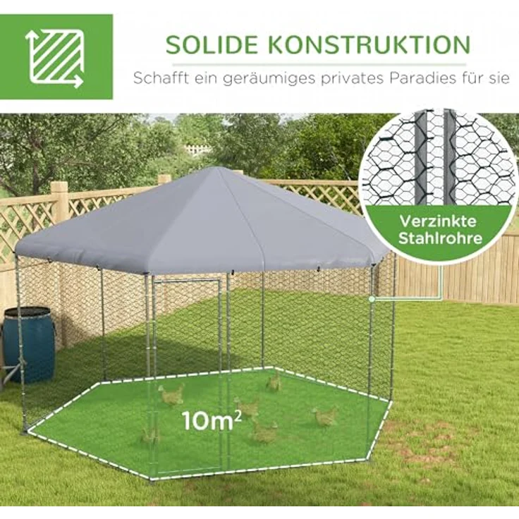 PawHut Hühnerstall 400 x 346 x 263 cm, Freilaufgehege aus verzinktem Stahl für 10-15 Hühner, grau – Bild 5
