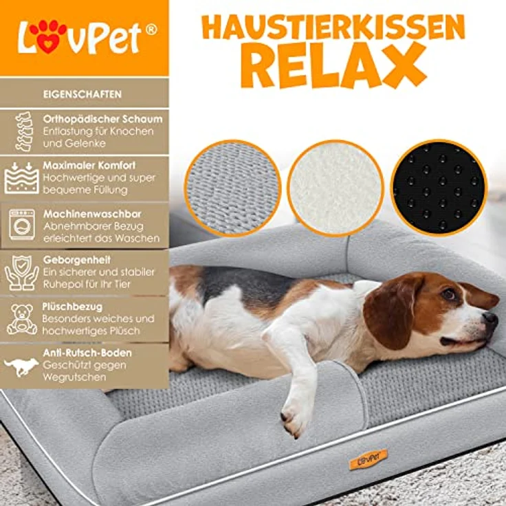 Lovpet® Orthopädisches Hundebett Hundekissen Hundekorb Relax, inkl. Napf + 3X Kauknochen, 91x71x22cm Grau – Bild 4