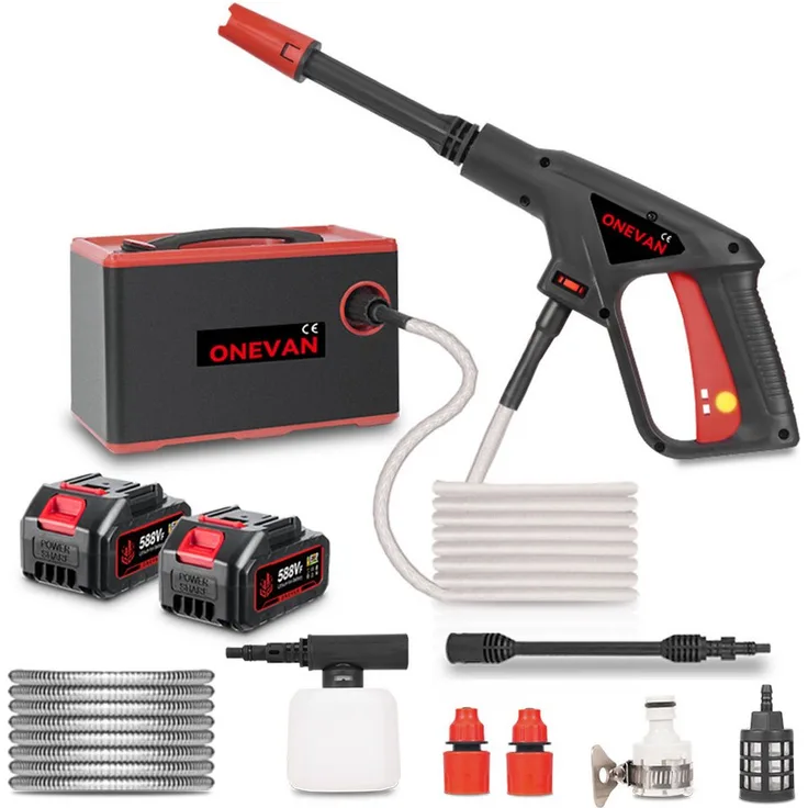 ONEVAN Akku-Hochdruckreiniger 80 Bar, mobiler Flächenreiniger mit 2× 3000mAh Akkus, 10m Schlauch, 500 W, max. 186 l/h Fördermenge, für Autos/Zäune/Garten/Patios