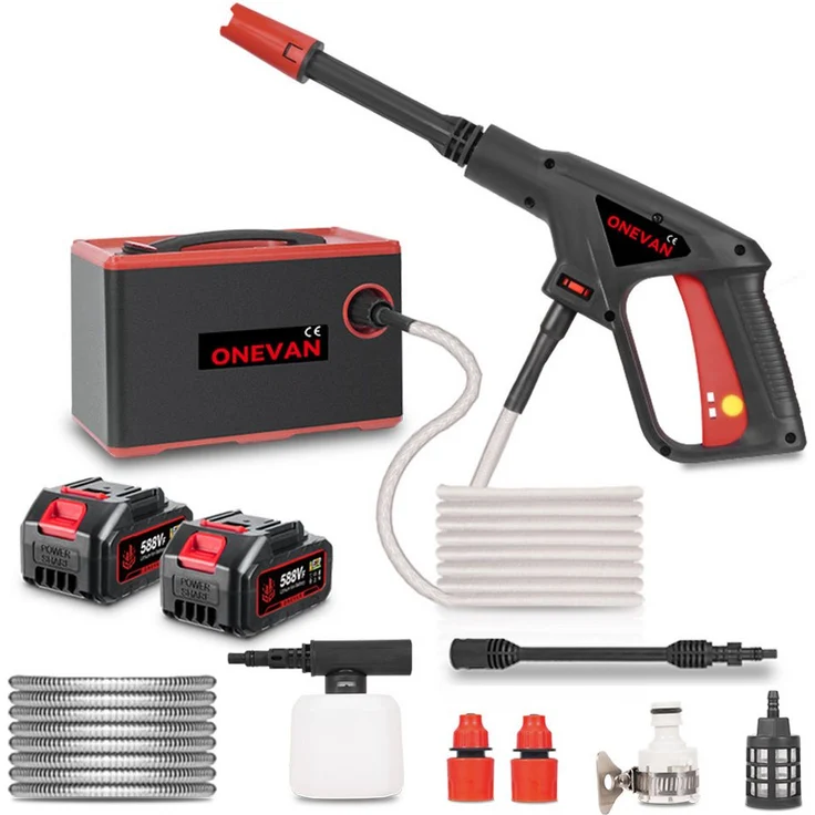ONEVAN Akku-Hochdruckreiniger 80 Bar, mobiler Flächenreiniger mit 2× 3000mAh Akkus, 10m Schlauch, 500 W, max. 186 l/h Fördermenge, für Autos/Zäune/Garten/Patios