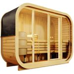 FinnTherm Fasssauna Sauna-Komplettset Ellipso L, BxTxH: 271 x 113 x 209 cm, 42 mm, Thermoholz, Elektro, 6.0 kW, silber