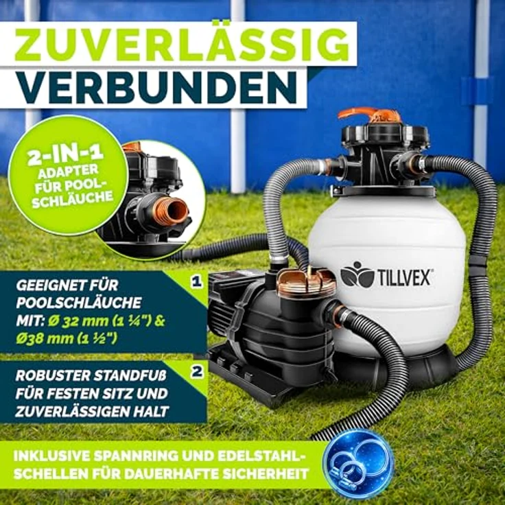 tillvex Sandfilteranlage 13.200L/h, inkl. 1200g Filterbälle, selbstansaugend mit 7-Wege Ventil & 2in1 Adapter Ø32-38mm für Pools bis 40.000L – Bild 6
