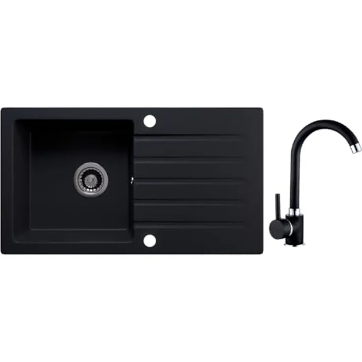 Lindbergh Spülen Rein Schwarz LINDBERGH® Antibakterielle Granit Spüle "MEG44" + Siphon Einbauspüle Küchenspüle Spülbecken + IMPRÄGNIERUNG - Verbundstoffe MADE IN GERMANY - Antibakterielle Beschichtung, 30ml Imprägnierung, UV-beständig