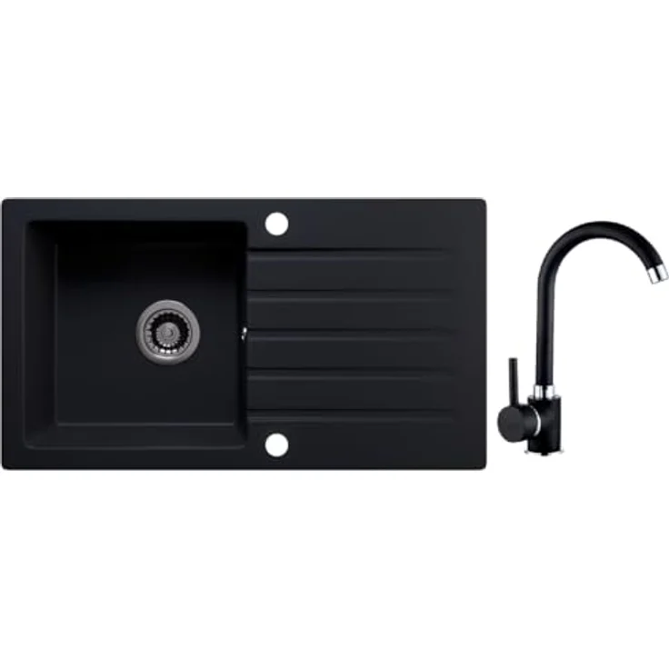 Lindbergh Spülen Rein Schwarz LINDBERGH® Antibakterielle Granit Spüle "MEG44" + Siphon Einbauspüle Küchenspüle Spülbecken + IMPRÄGNIERUNG - Verbundstoffe MADE IN GERMANY - Antibakterielle Beschichtung, 30ml Imprägnierung, UV-beständig – Bild 1